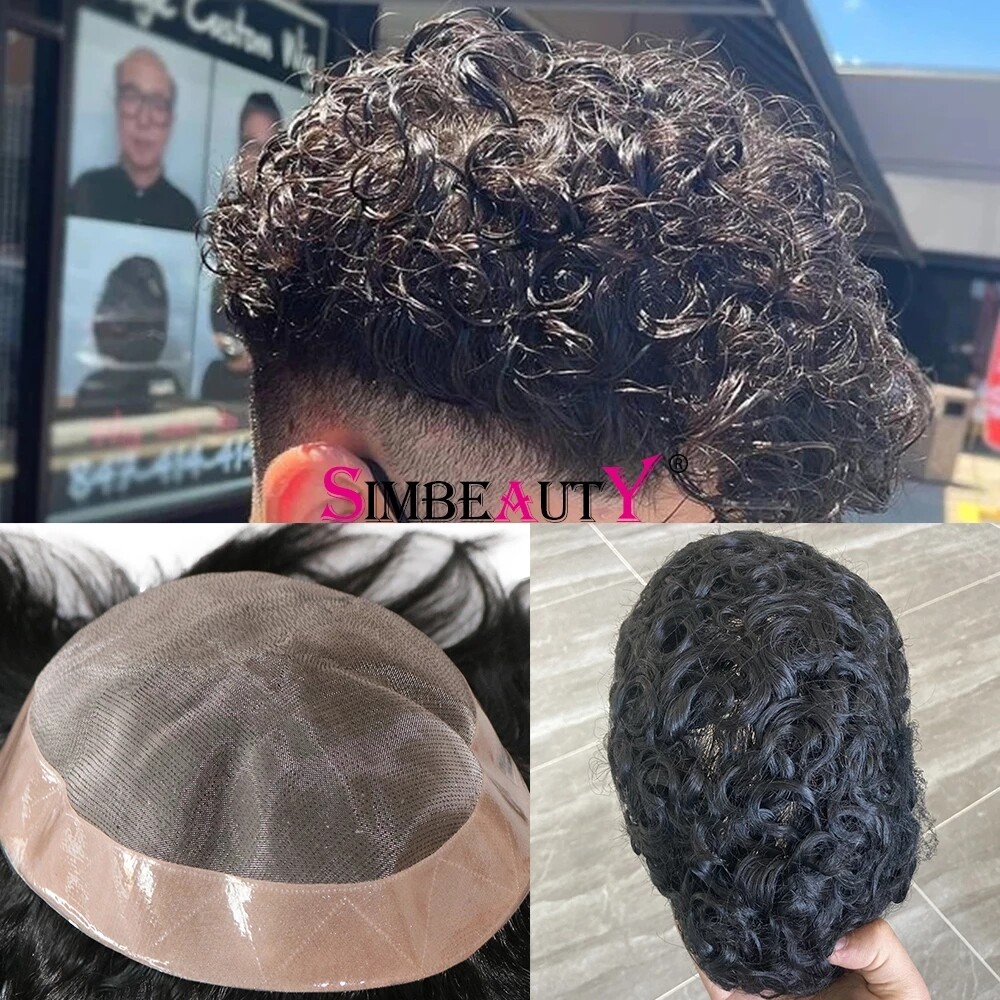 Toupee for Men 100% Human Hair Pieces Durable Fine Mono Lace Top 20 MM Curly Wig