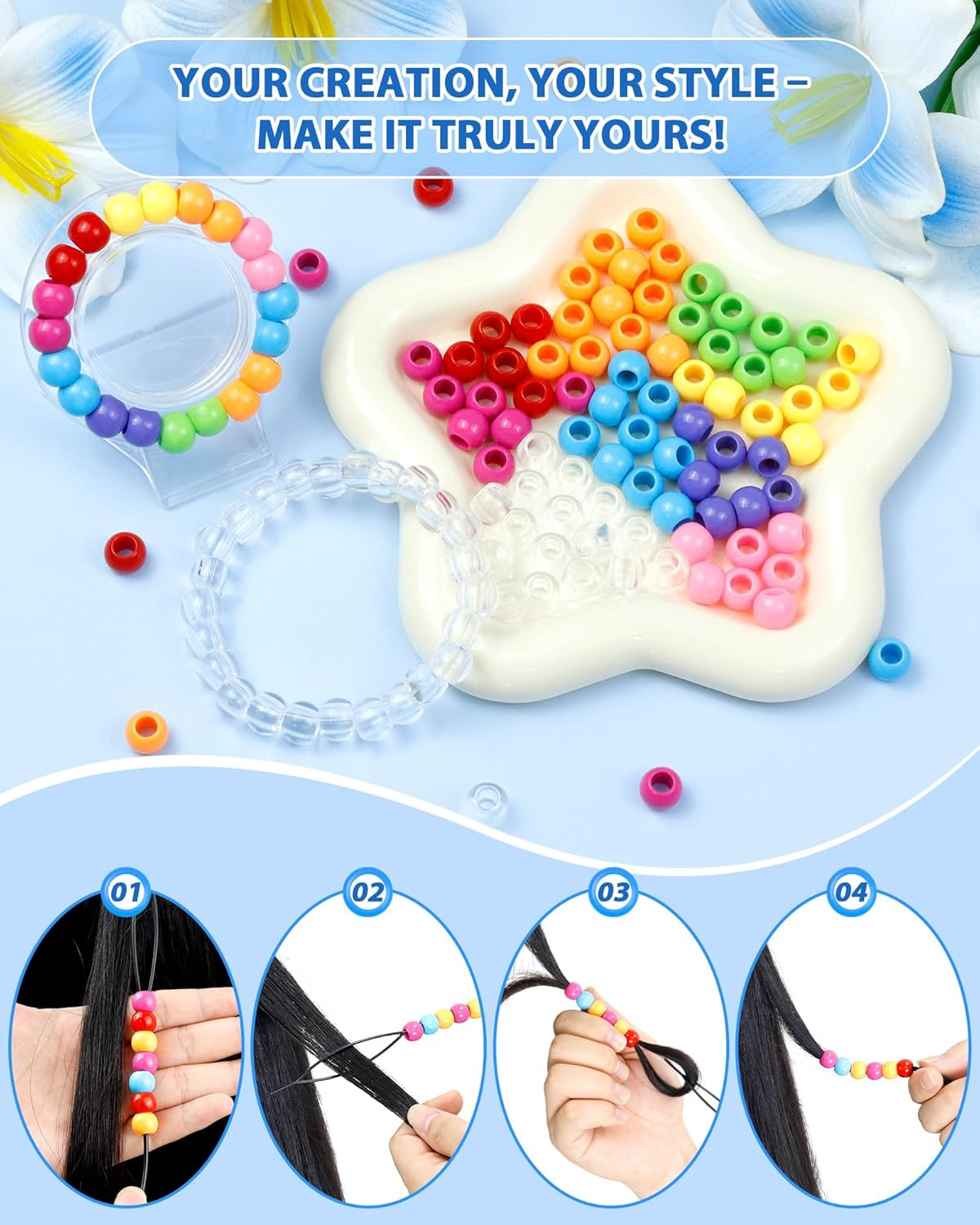 260PCS Large Hole Hair Beads, 10X12Mm Acrylic Pony Beads for Hair Braids, Bulk P