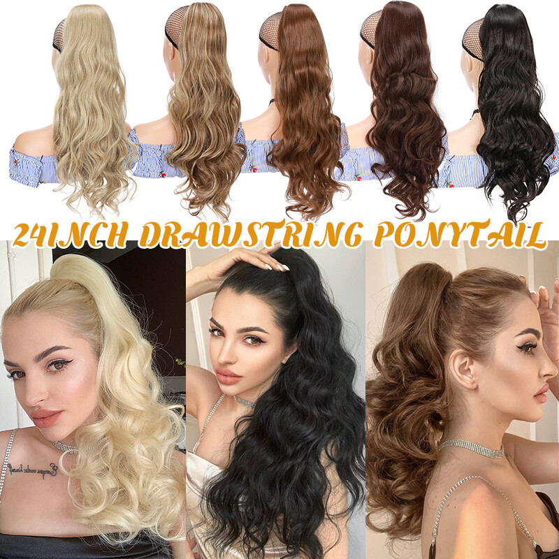 US Real As Human Thick Drawstring Ponytail Clip In Hair Extension Wavy Pony Tail