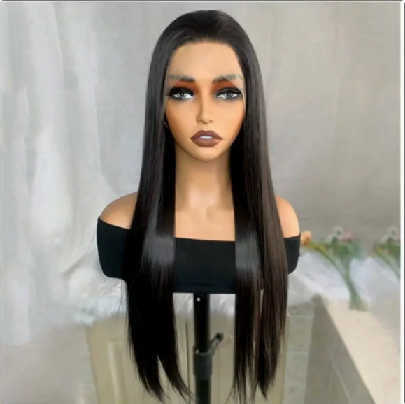 13×4 Lace Front Wig Long Black Straight Human Hair Blend Heat Ok Women Wig 26In