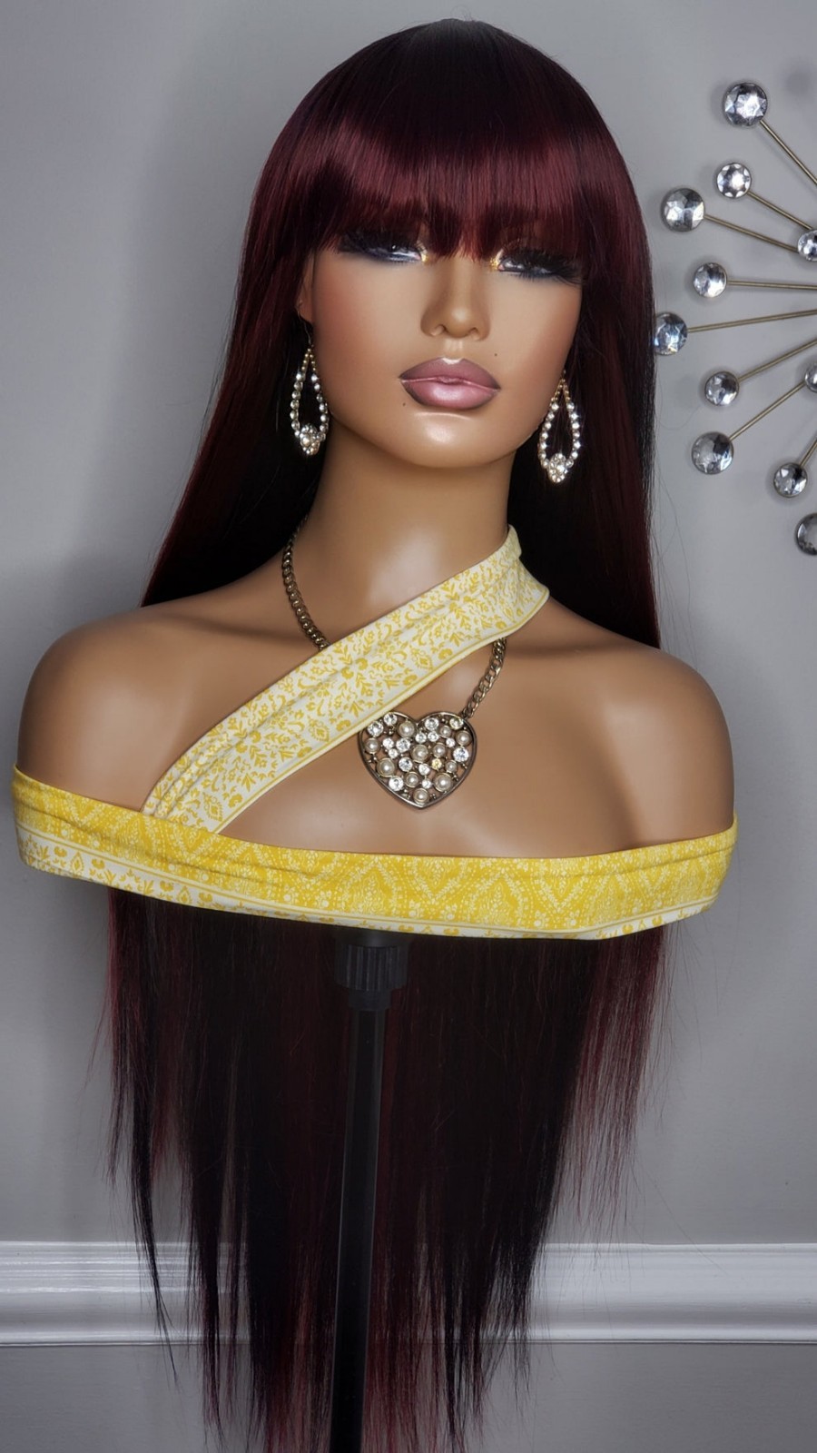 New Extra Long Straight Bang Style Burgundy Black 99J Red Wine Hair Full Cap Wig