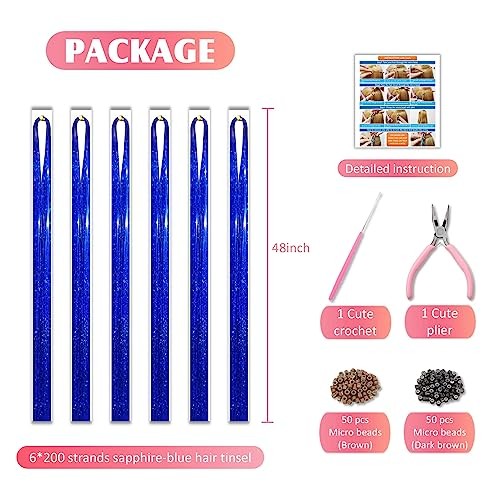 Sapphire Blue Hair Tinsel Kit 48 Inches 1200 Strands with Tools Sapphire blue