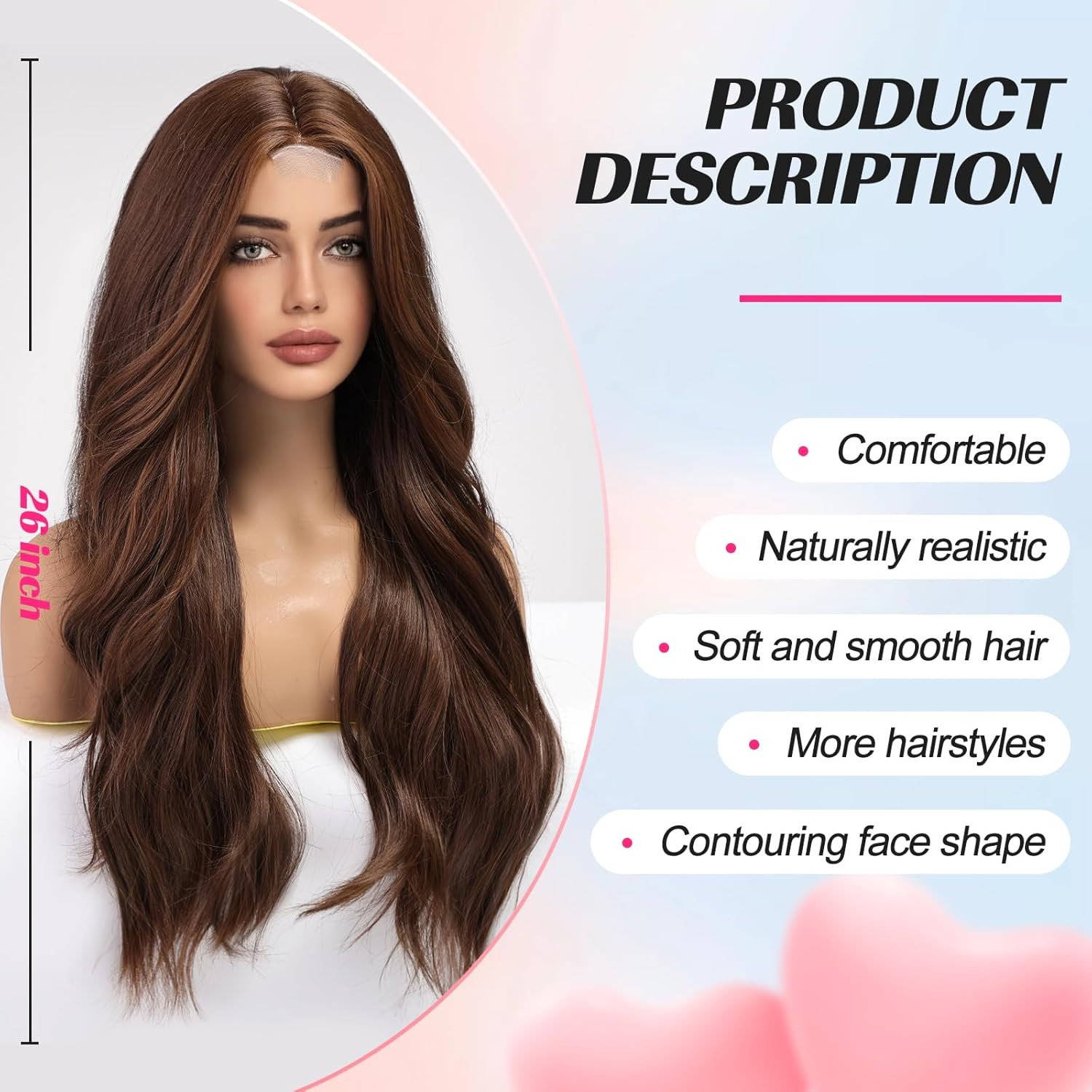 Long Mixed Brown Wavy Wig for Women Lace Front Wigs Natural Looking 26 Inch Midd