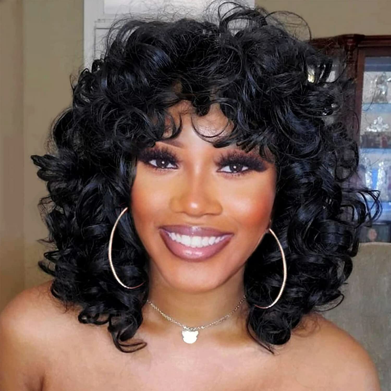 Afro Curly Kinky Wavy Wig with Bangs Black Glueless Afro Natural Wig Heat Safe