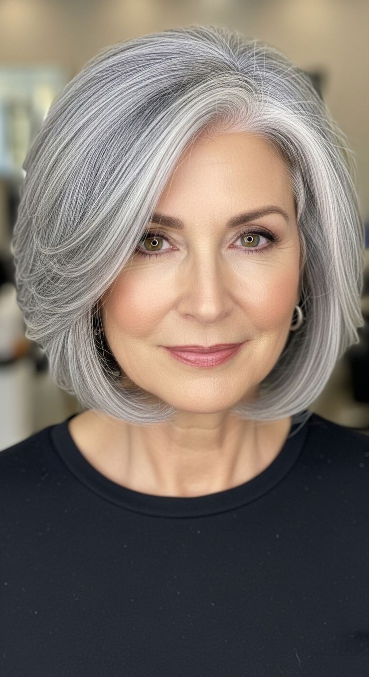 Short Bob Silver Gray Wig with Blonde Highlight 100% Human Hair Lace Front Wigs