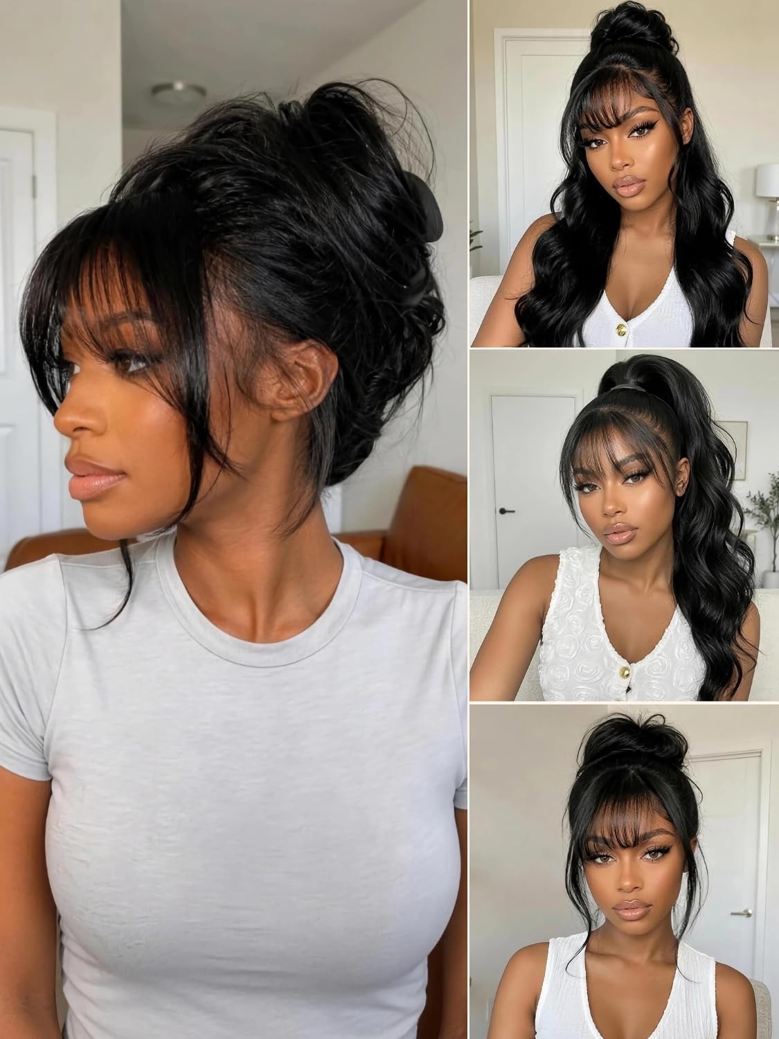 13×4 HD Glueless Lace Frontal Wig – 18″ Loose Wave with Curtain Bangs, Pre-Pluck