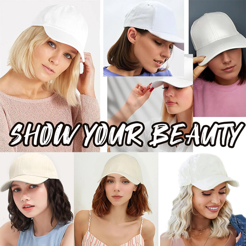 Baseball Hat Black White Red Cap with Hair Long Wavy Wigs Bucket Hat for Women