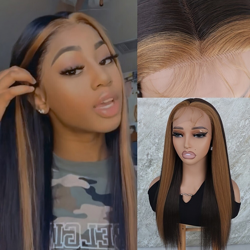 Blonde Highlights Dark Brown Color Hair Lace Front Wigs Synthetic Women Party