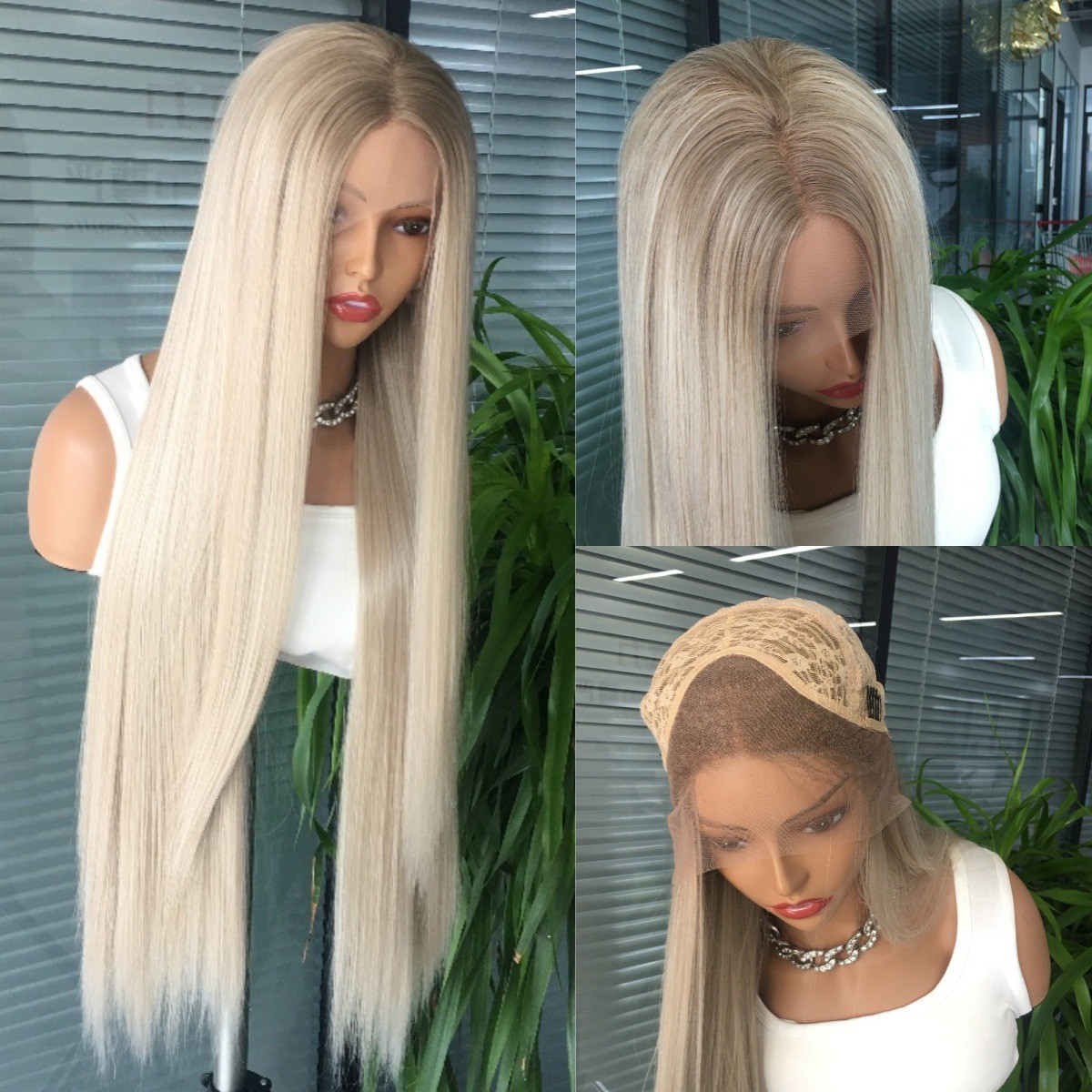 13×4 Lace Front Synthetic Middle Part Straight Hair Platinum Ombre for daliy use
