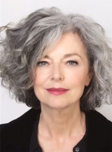 Salt and Pepper Hair Medium Length Wave Synthetic Wigs 12 Inches