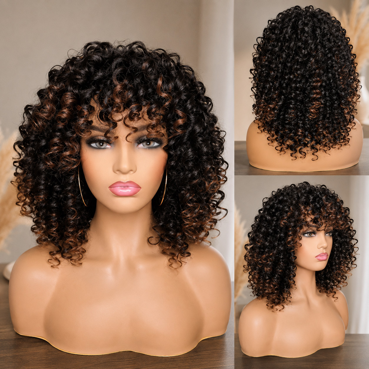 Afro Curly Wig with Bangs Black Brown Highlighted Synthetic Hair Women