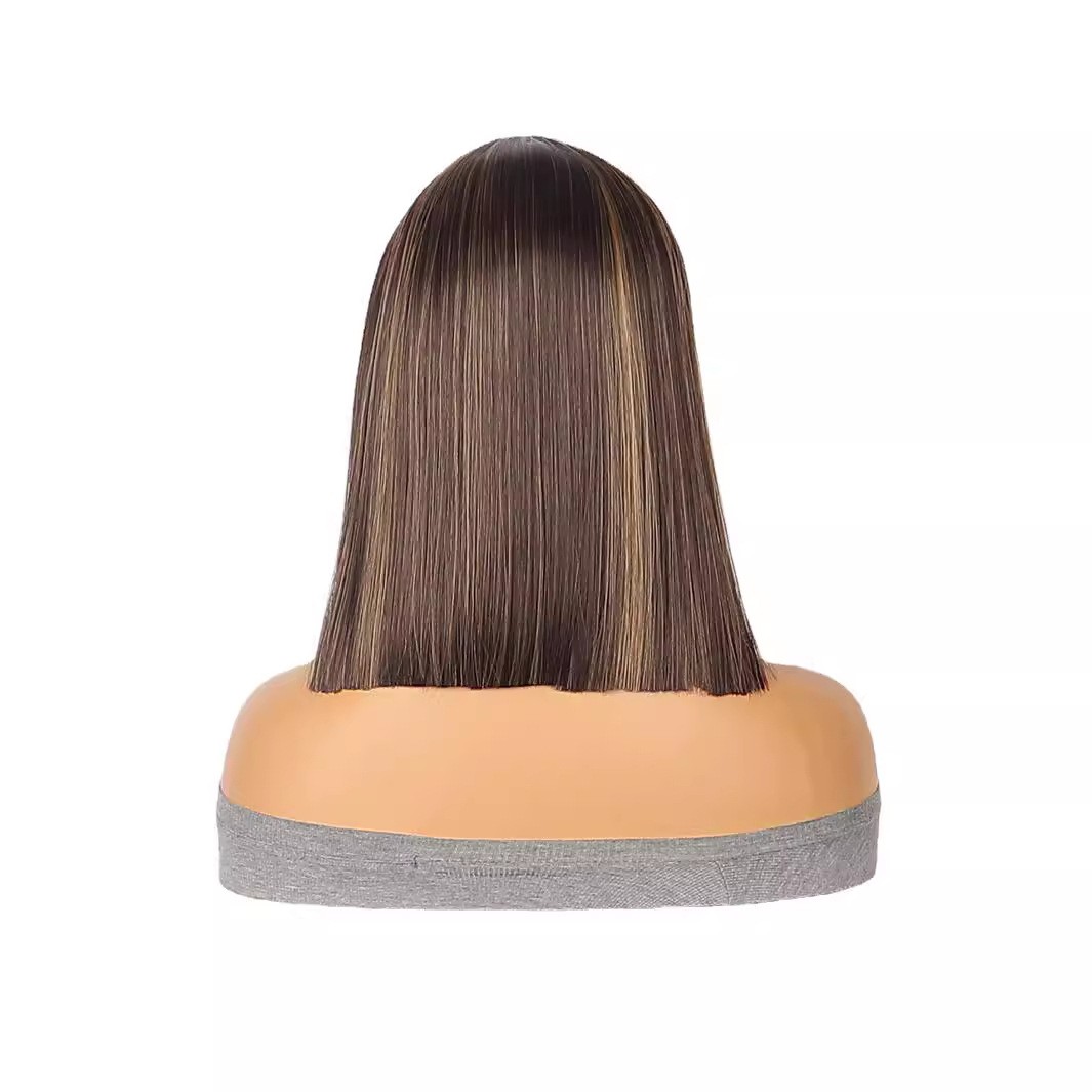 Small Lace Brown Highlight Short Straight Wig For Women Synthetic Heat