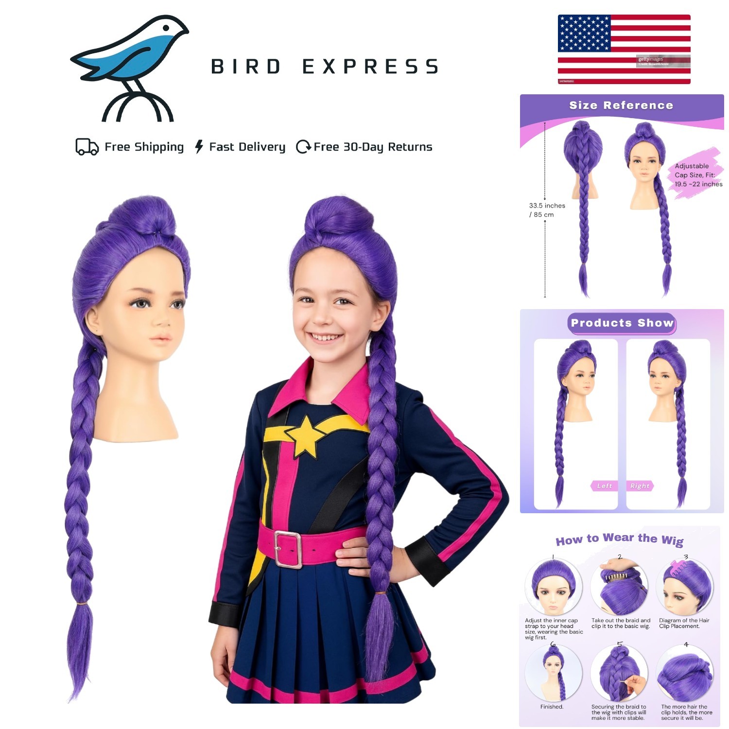 KPop Demon Hunter Rumi Wig Kid Size Purple Long Braided Ponytail Halloween