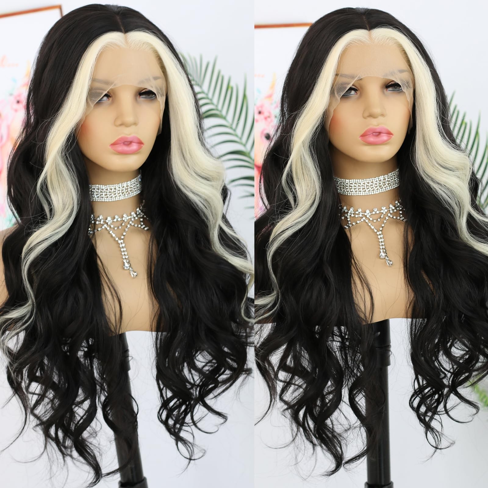 ANDRIA Black/Blonde Skunk Stripe Lace Front Wig Long Body Wave Heat Resistant