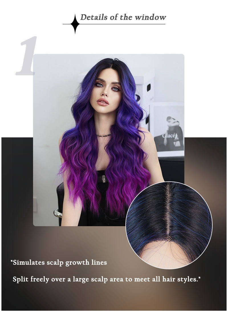 Dreamy purple-blue Lace wig with dreamy purple-blue gradient parted wavy curls
