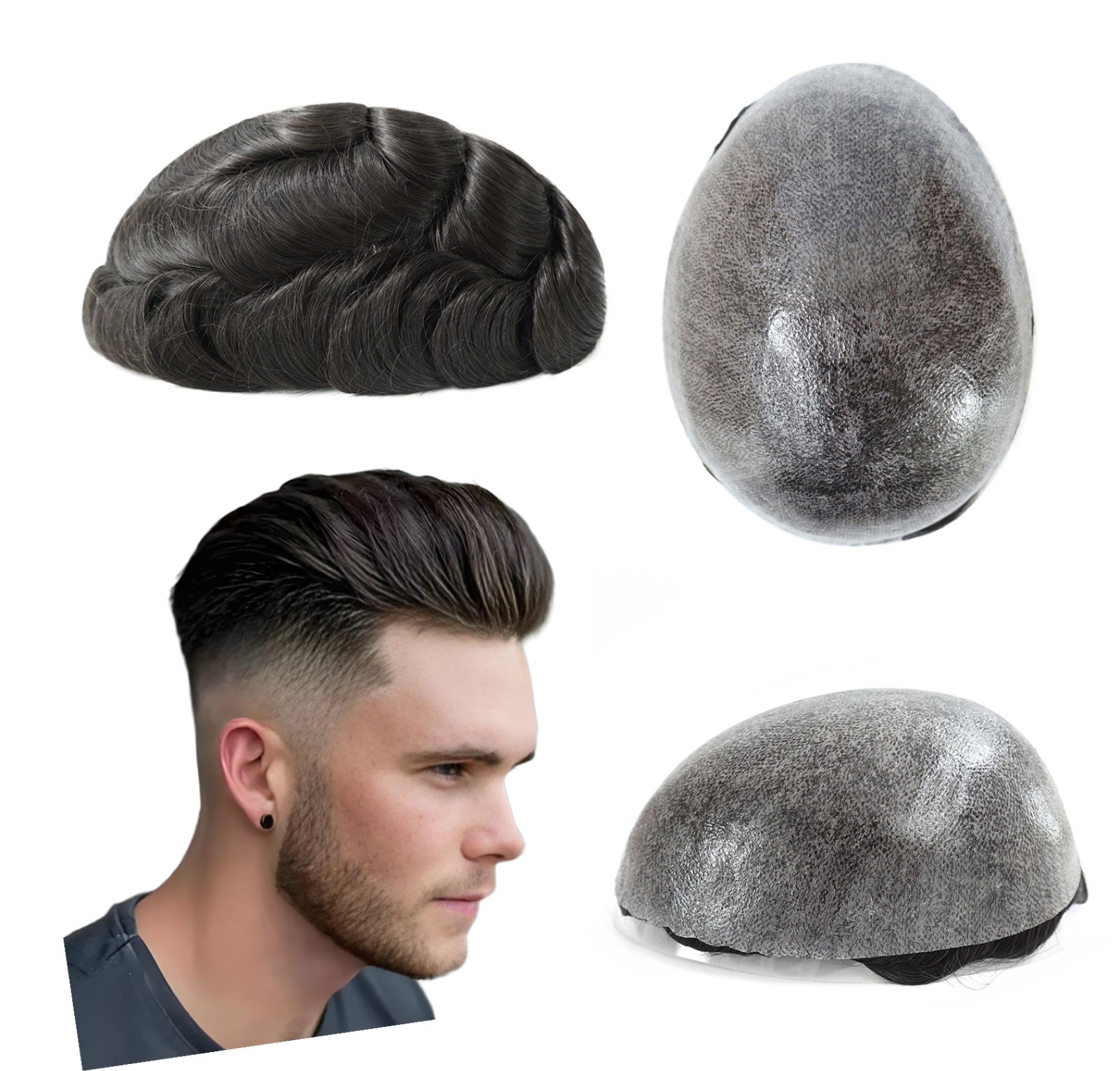 Mens Toupee Human Hair Replacement System Injection Skin Dark Brown Hair Piece#2