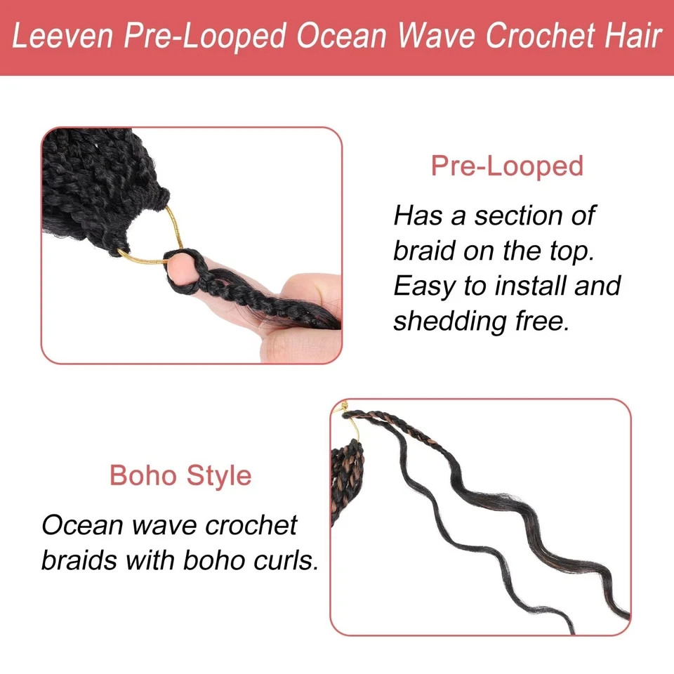 Leeven Pre Looped Ocean Wave Crochet Hair 14 Inch 8 Packs Short Curly Crochet…
