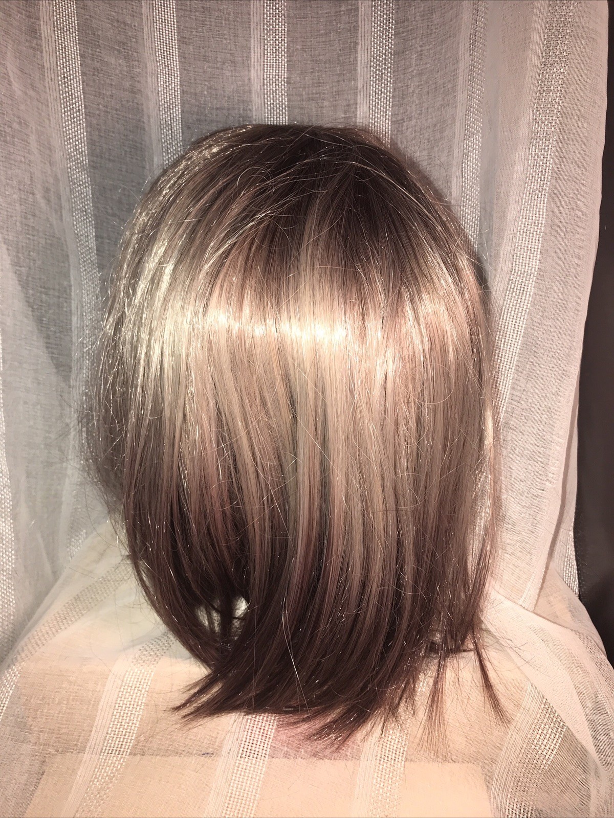 Woman’s Wig NWOT Shoulder Length Bangs Realistic Synthetic Brown Hi lights Hair