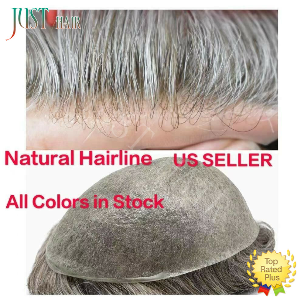 Mens Toupee Gray Hair Replacement System Thin Skin Men Wig Human Hairpieces US
