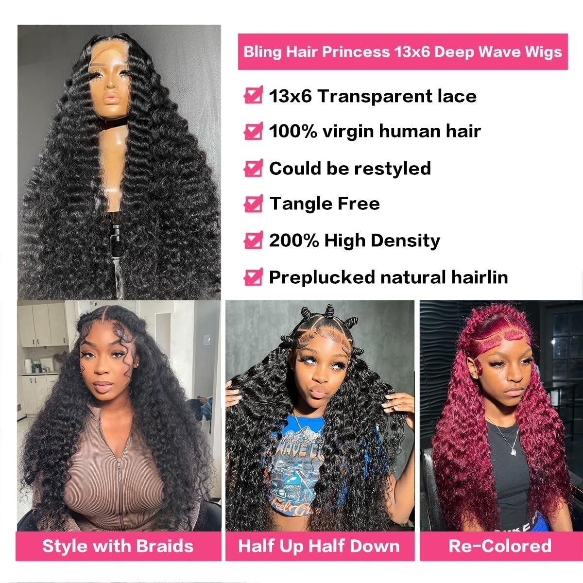 36″ Deep Wave Lace Frontal Wig – 13×6 Transparent Curly Human Hair, 200% Density