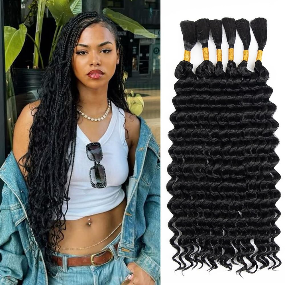 Deep Wave Bulk Hair for Braiding 18 Inch 6 Bundles 18 Inch（6 Bundles）, #1B