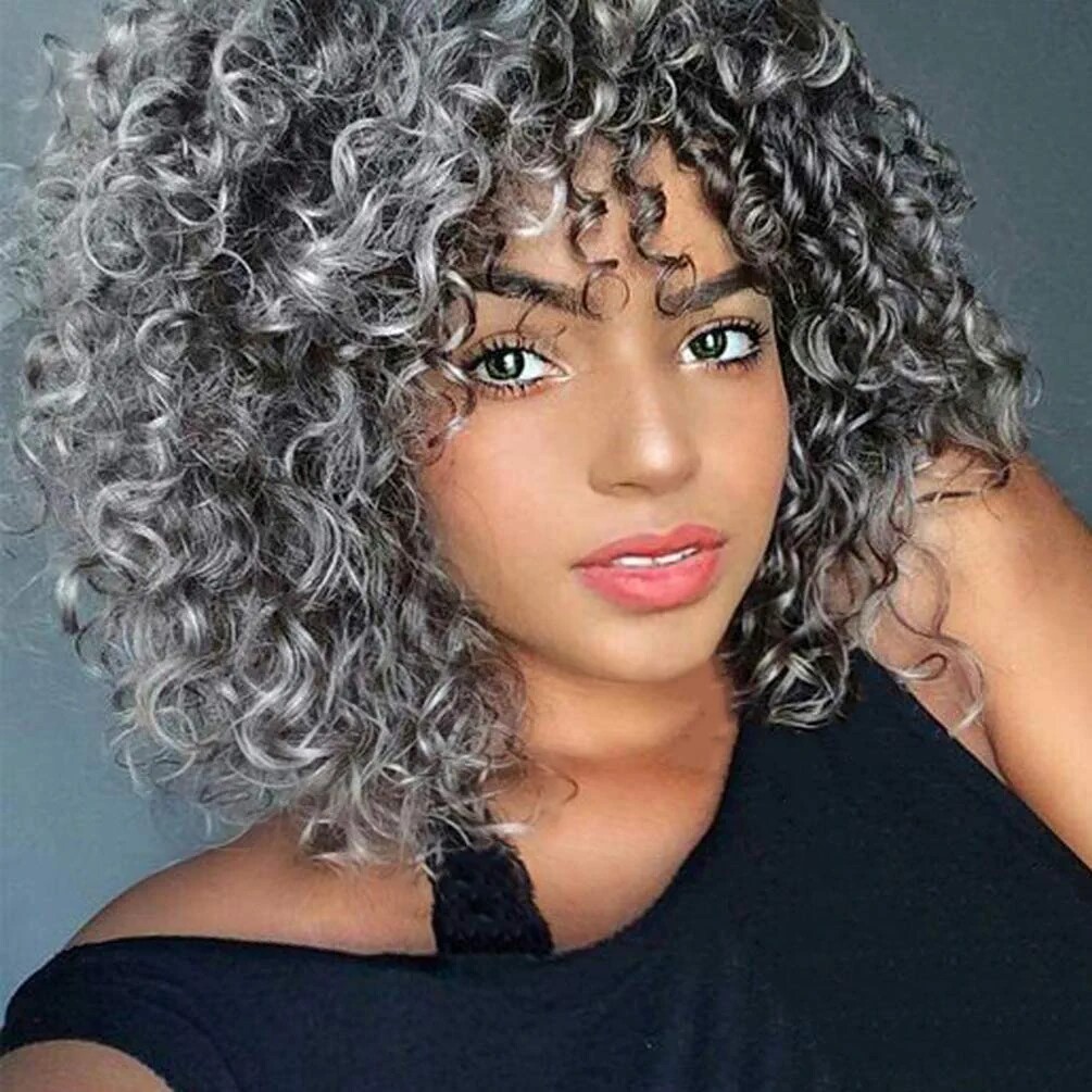 Short Black Grey Afro Curly Wave Synthetic Wig Heat Resistant Fashion Natural