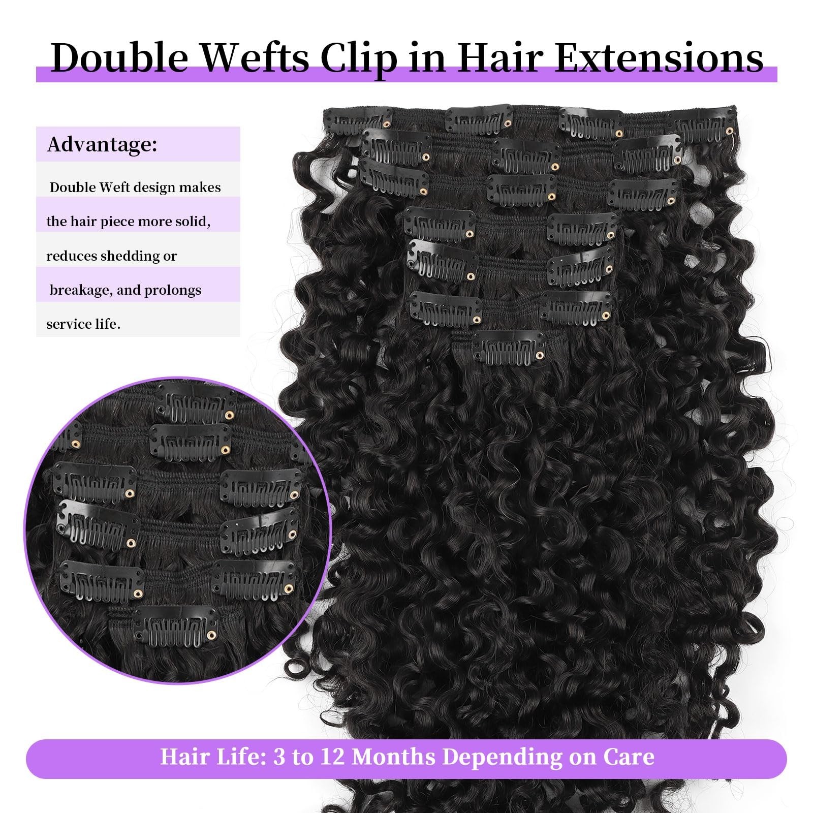 Curly Clip-In Hair Extensions – 22″ Natural Black, Thick & Soft, 120g, 7Pcs