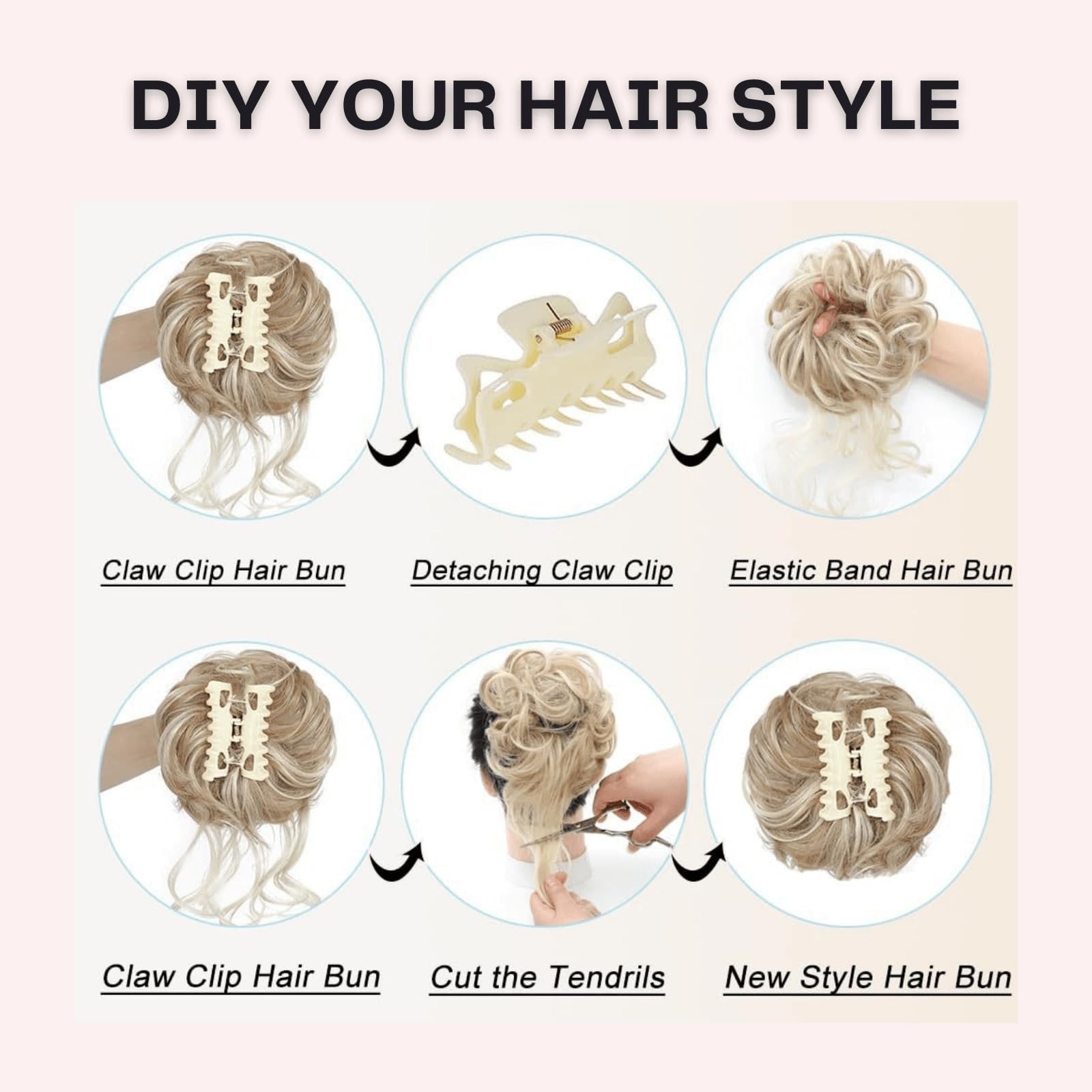 Messy Claw Chignon Bun with Bangs Set 2 Pieces, Blonde Color Curly Bun with L…