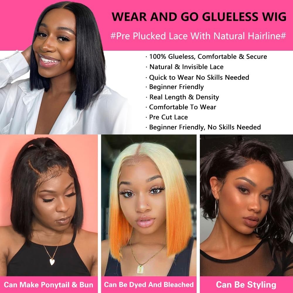 Bob Wig Straight Glueless Wigs Human Hair Pre Plucked Pre Cut 4×4 Lace Front Wig