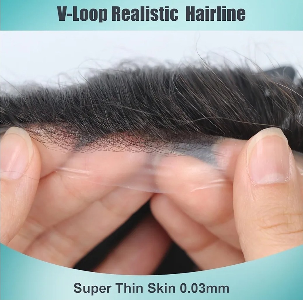 Mens Toupee 0.03mm Ultra Thin PU Skin Real Human Hair Replacement V-loop 8×10 1B