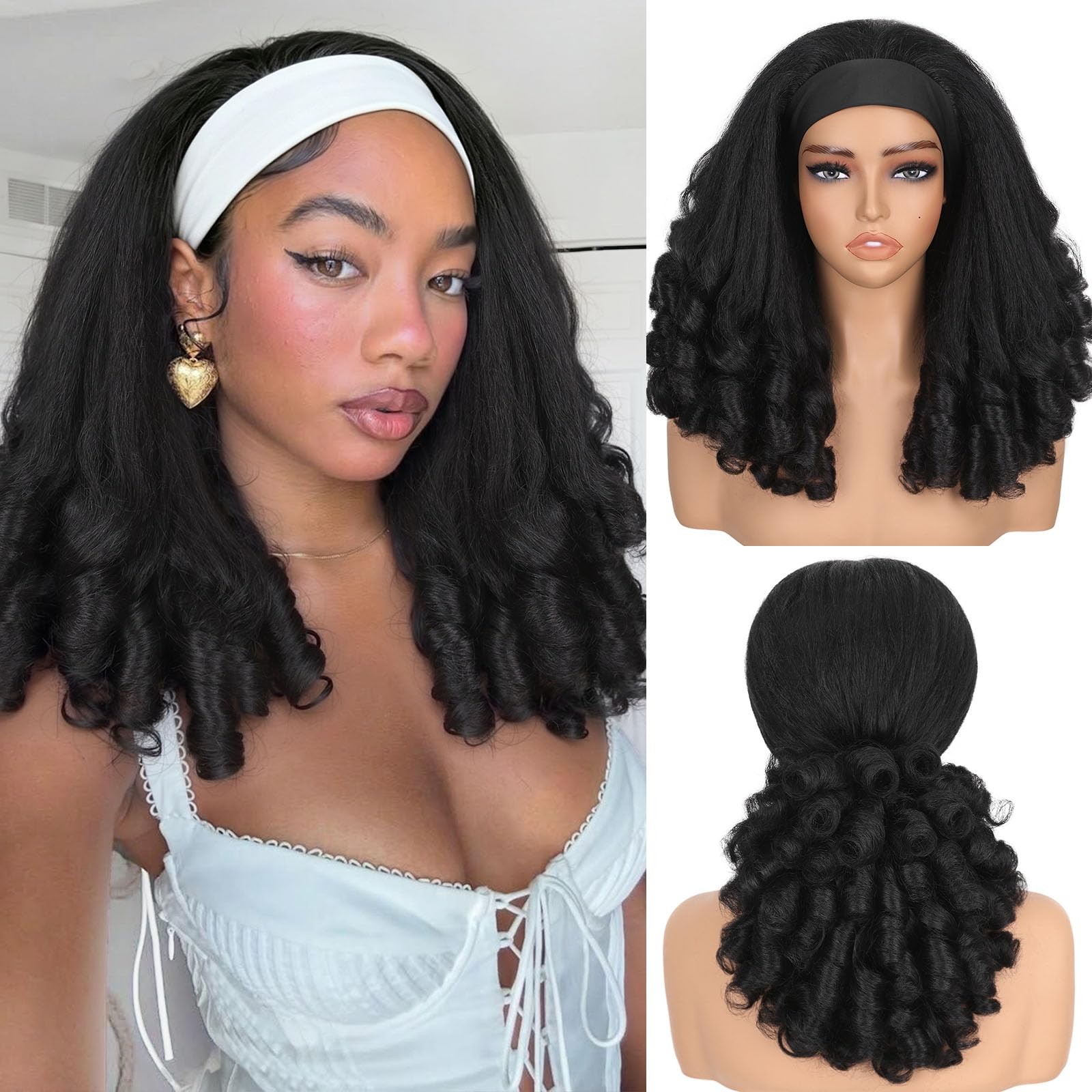 Yaki Curly Headband Wig for Black Women 16 Inch – Full Volume Glueless Wear a…