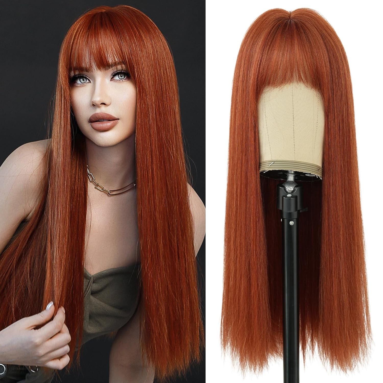 Blonde Long Straight Bangs Synthetic Wig with Rose Net High Temperature Fiber