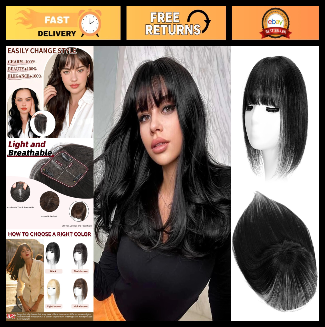 Real Human Hair Toppers for Women – Black Clip-In Wig with Bangs, 4.5″x4″ Swiss