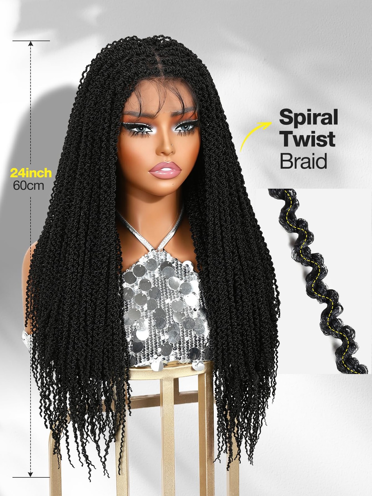 Full Double Lace Mini Twist Braid Black Spiral Coiled Wig with Baby Hair