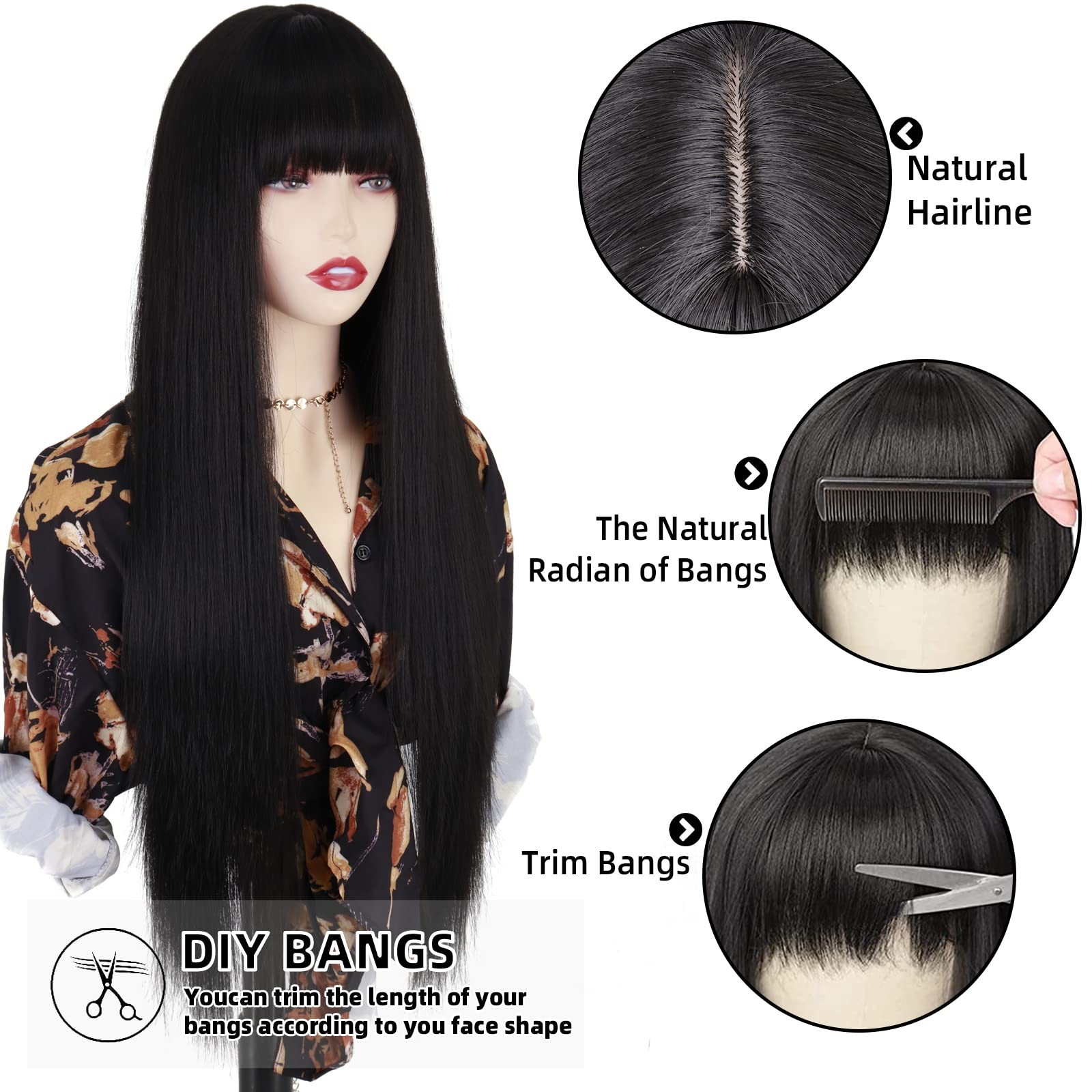 Long Black Wigs with Bangs, Straight Black Wigs for Women, Synthetic 30 Inch …