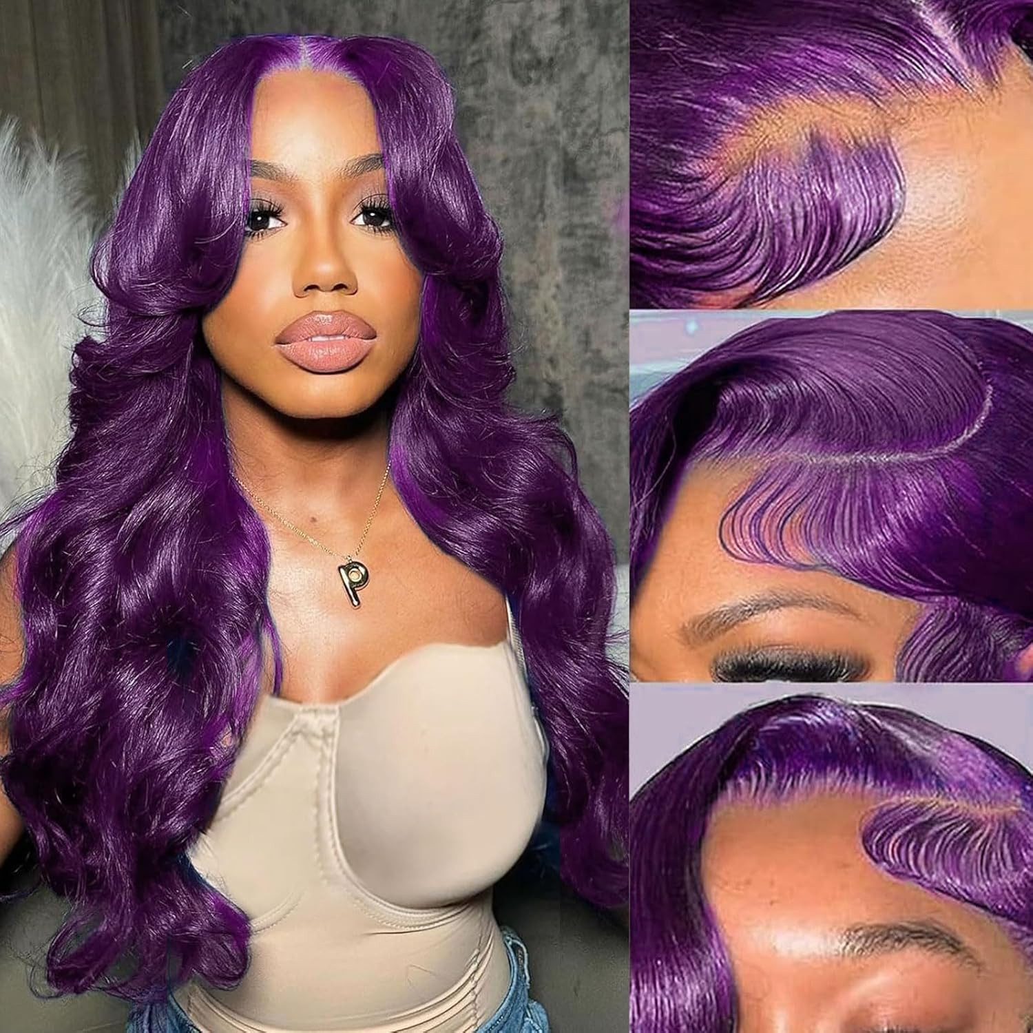 Dark Purple Human Hair Wig 13X6 Body Wave Deep Purple Lace Front Wig Pre Plucked