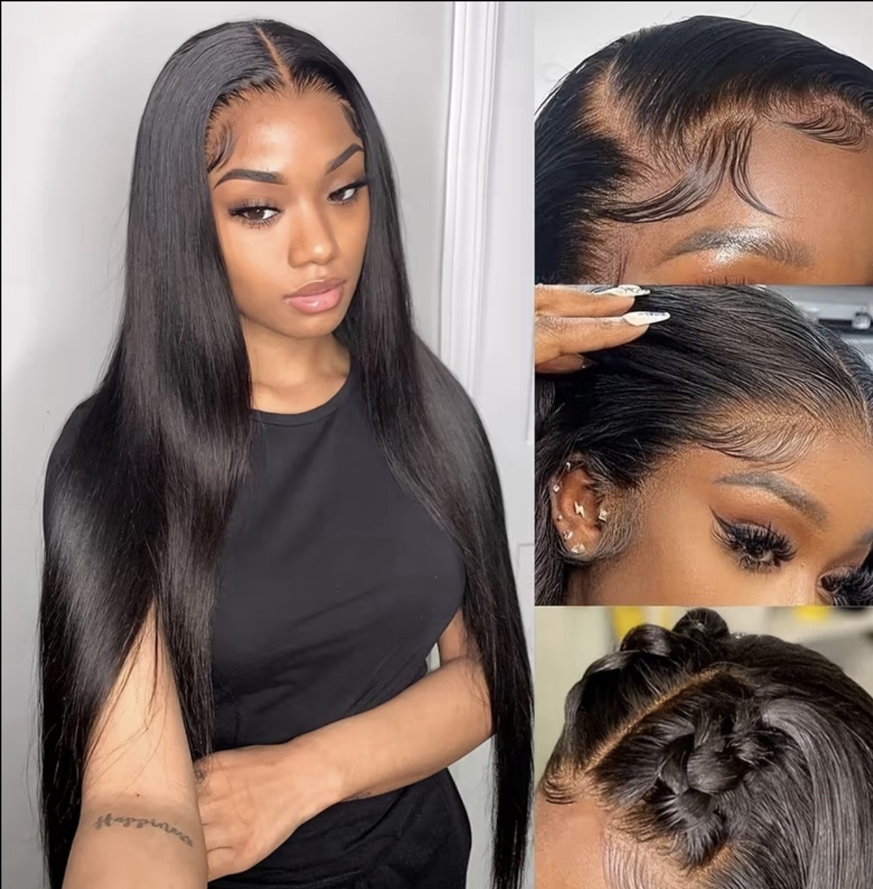 18 Inch Straight Black Human Hair Lace Front Wig, 3 Combs, Adjustable Straps