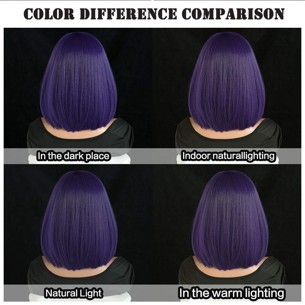 Wig girl with purple short straight hair wearing dark magic girl outfit with wig
