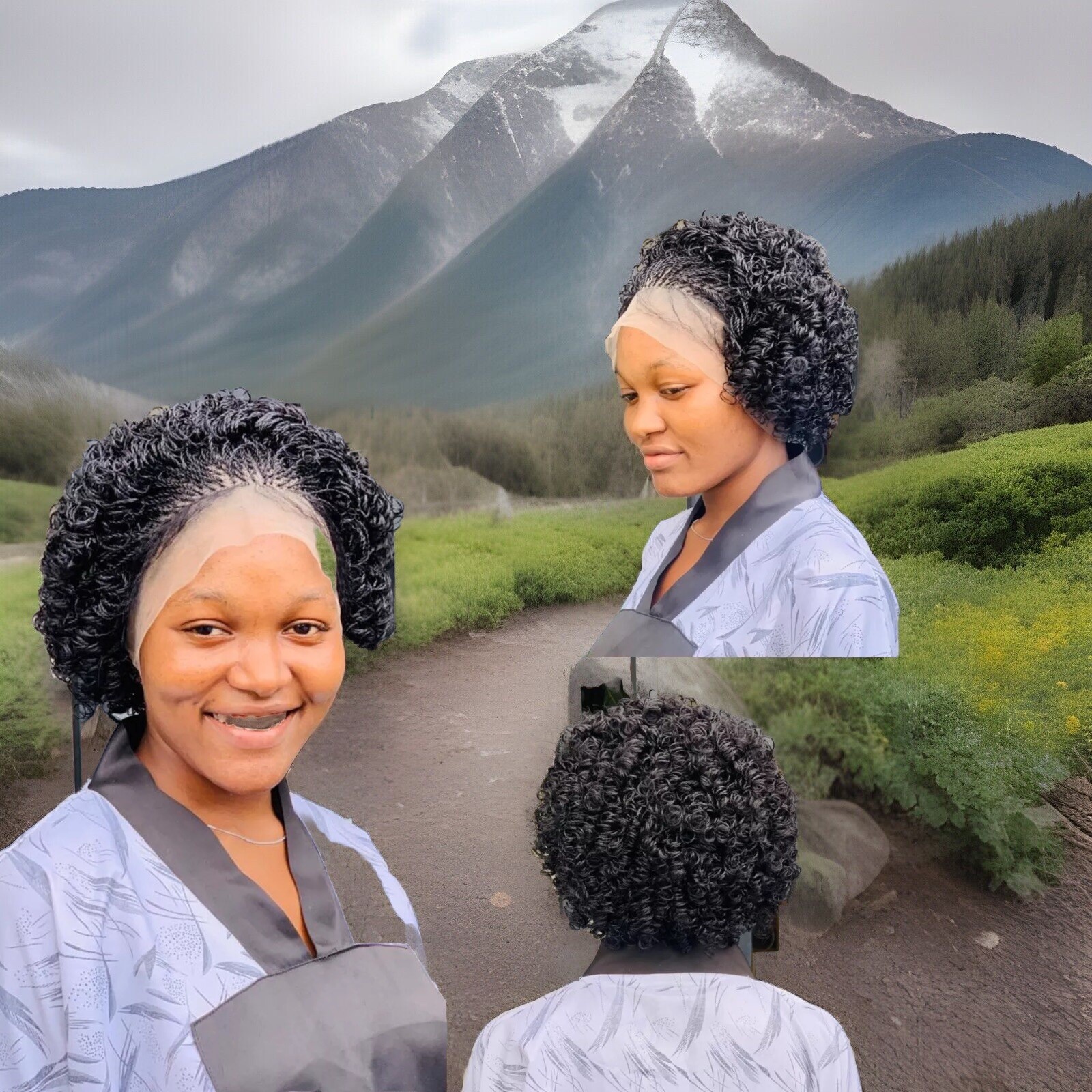 Braided micro twist wig with curly tips made on a full lace wig. Black women’s