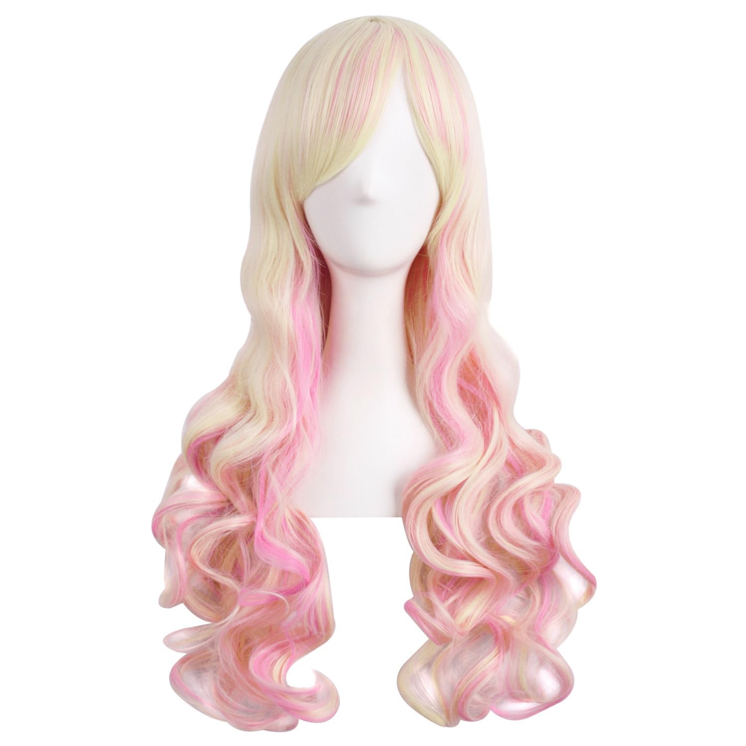 MapofBeauty Multi-color Long Curly Clip on Ponytails Cosplay Wig (Blonde/Pink)