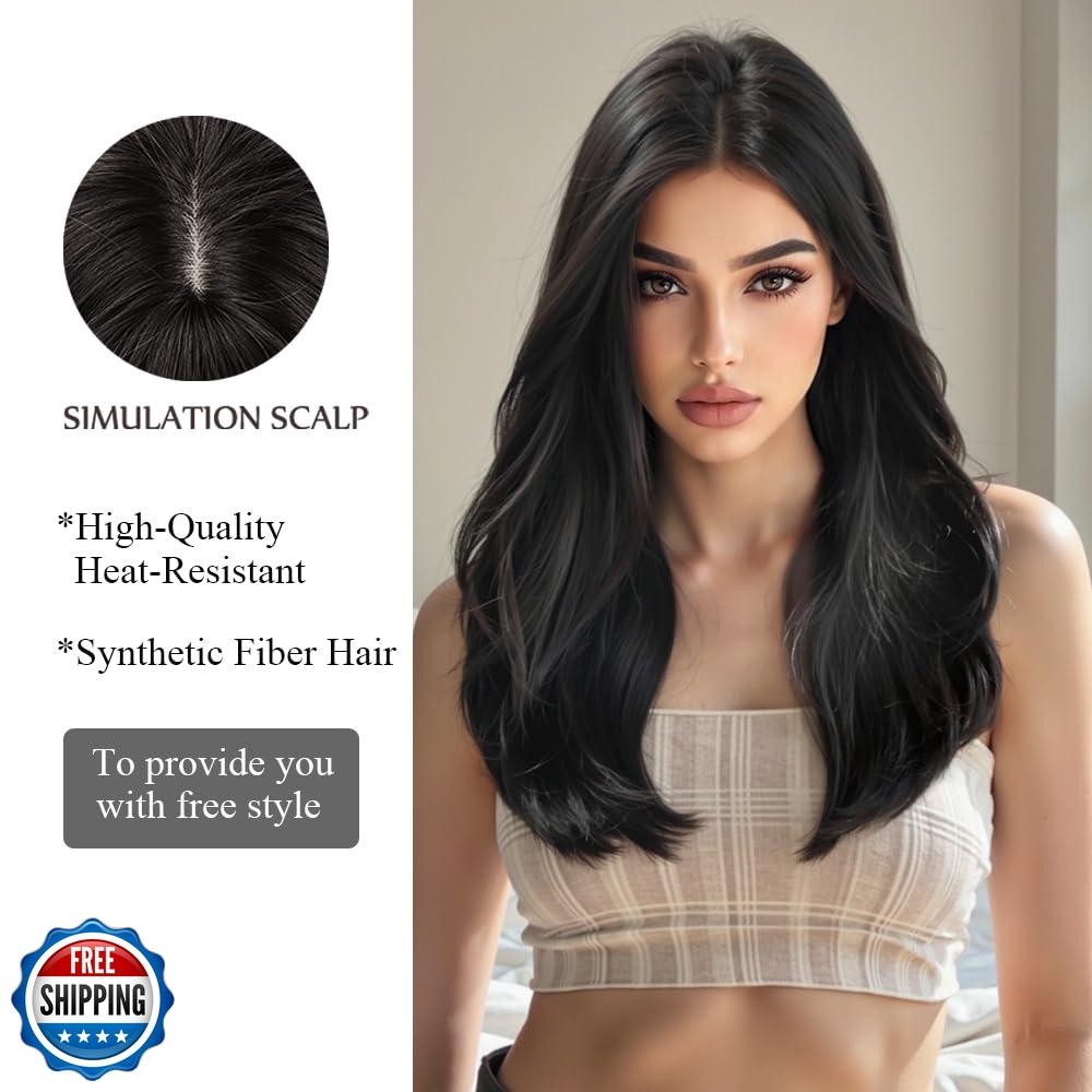 OUFEI Black Wig for Women with Curtain Bangs Natural Straight Curly Synthetic
