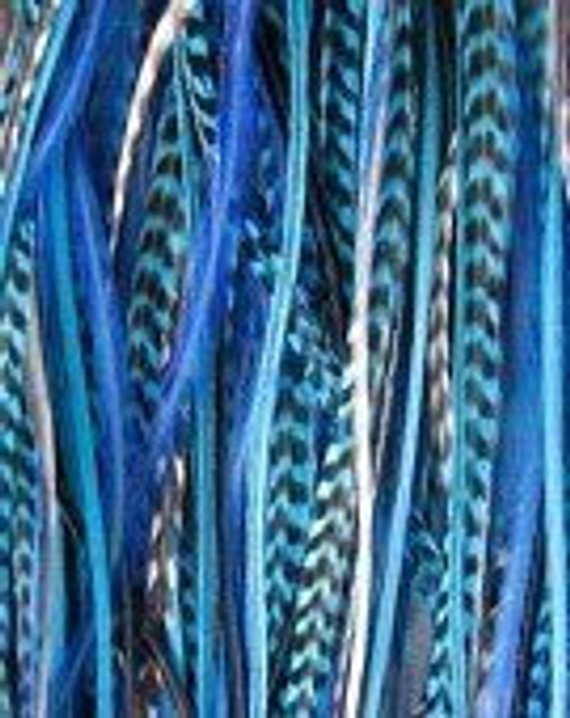 4-6 inch True Blue Grizzly 100% Real Hair 5 Feather Extensions bonded at the tip
