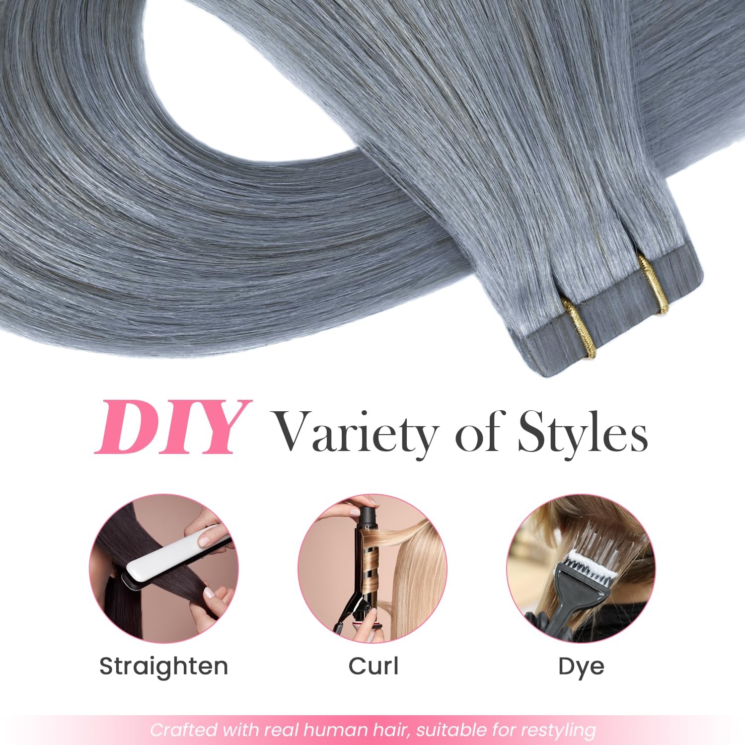 Aison 14Inch Silver Gray Tape In Hair Extensions 100 Real Human Hair Extensions