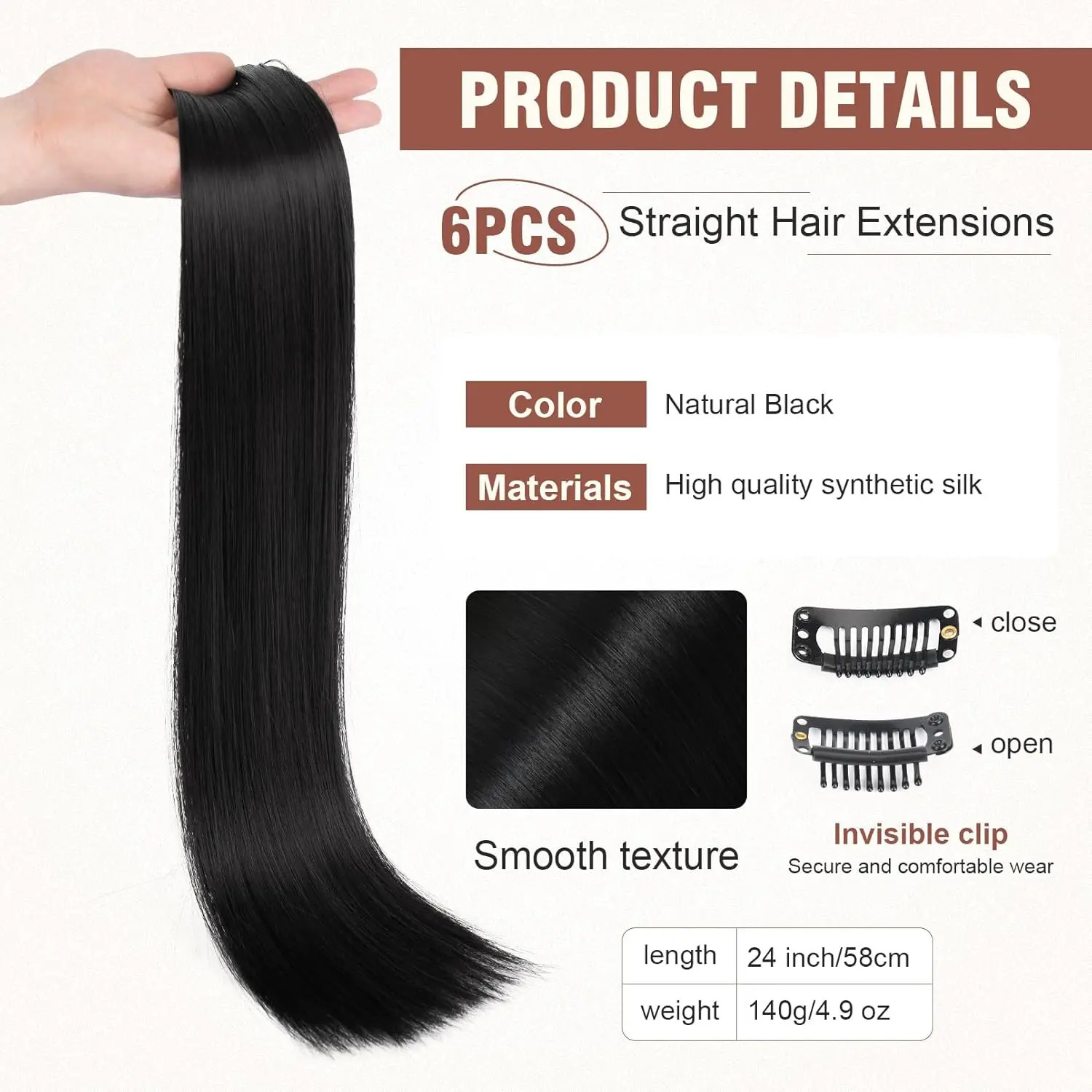 6Pieces/Set Clips in Hair Extensions 24 Inch Synthetic Long Straight Extensions