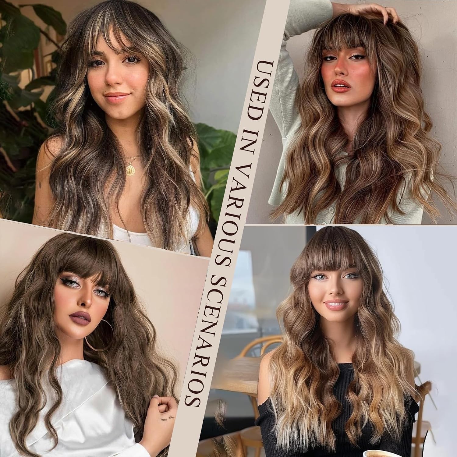Soft Natural Look – 26-Inch Light Brown & Blonde Wavy Wig with Adjustable Bangs