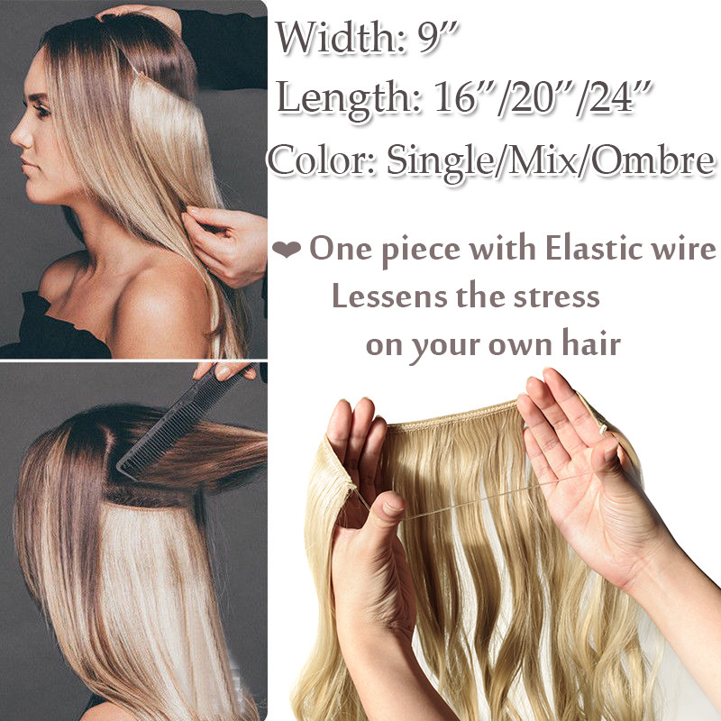 Hidden Long Invisible Band Wire In Thick One Piece Hair Extensions Mix As Human