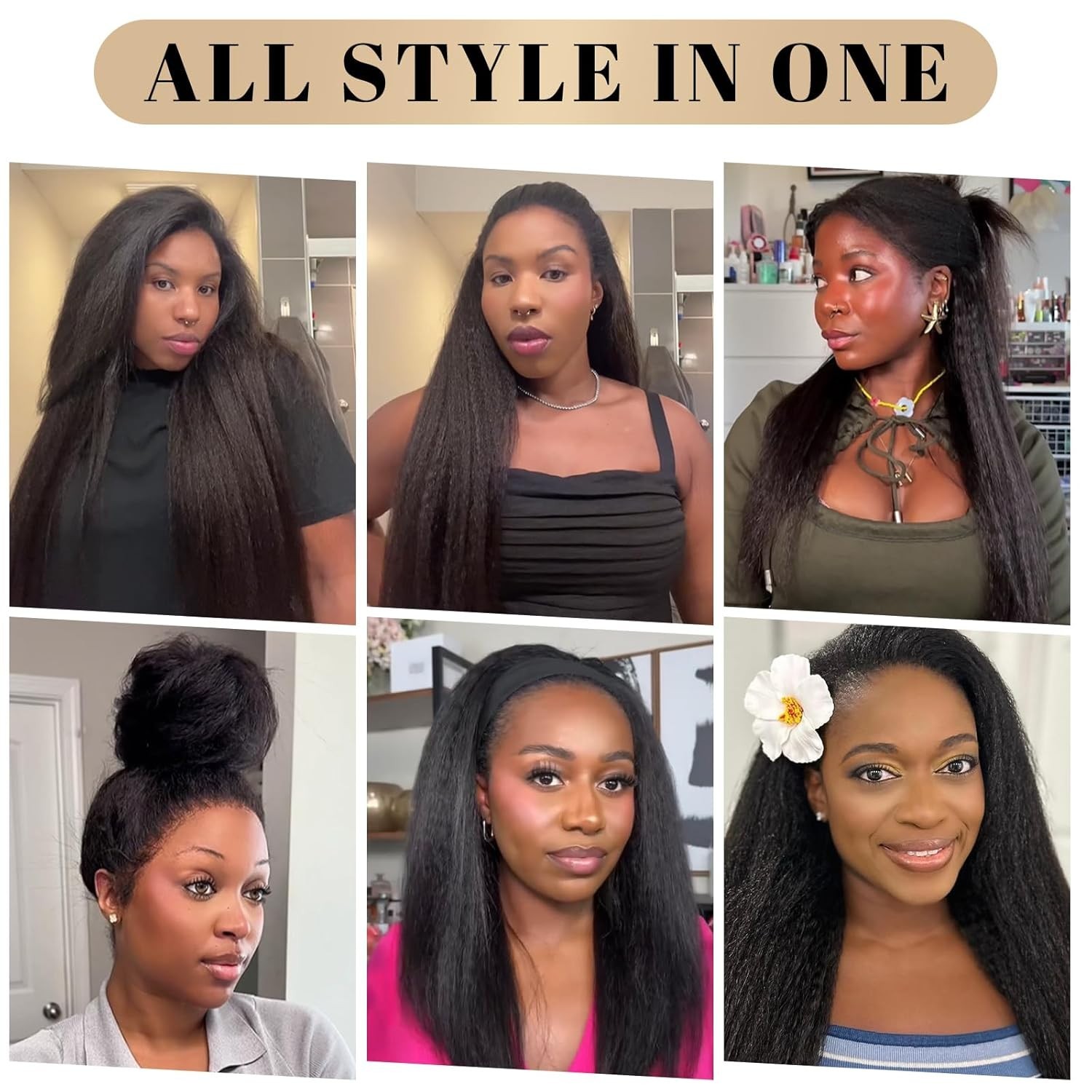 Kinky Straight Half Wig for Women, 3 in 1 Yaki Drawstring Glueless Synthetic Wig