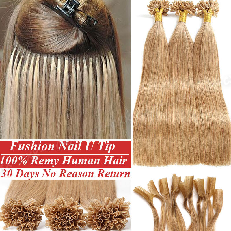 100G Pre Bonded Glue U Nail Tip Keratin Fusion Remy Human Hair Extensions 200PCS