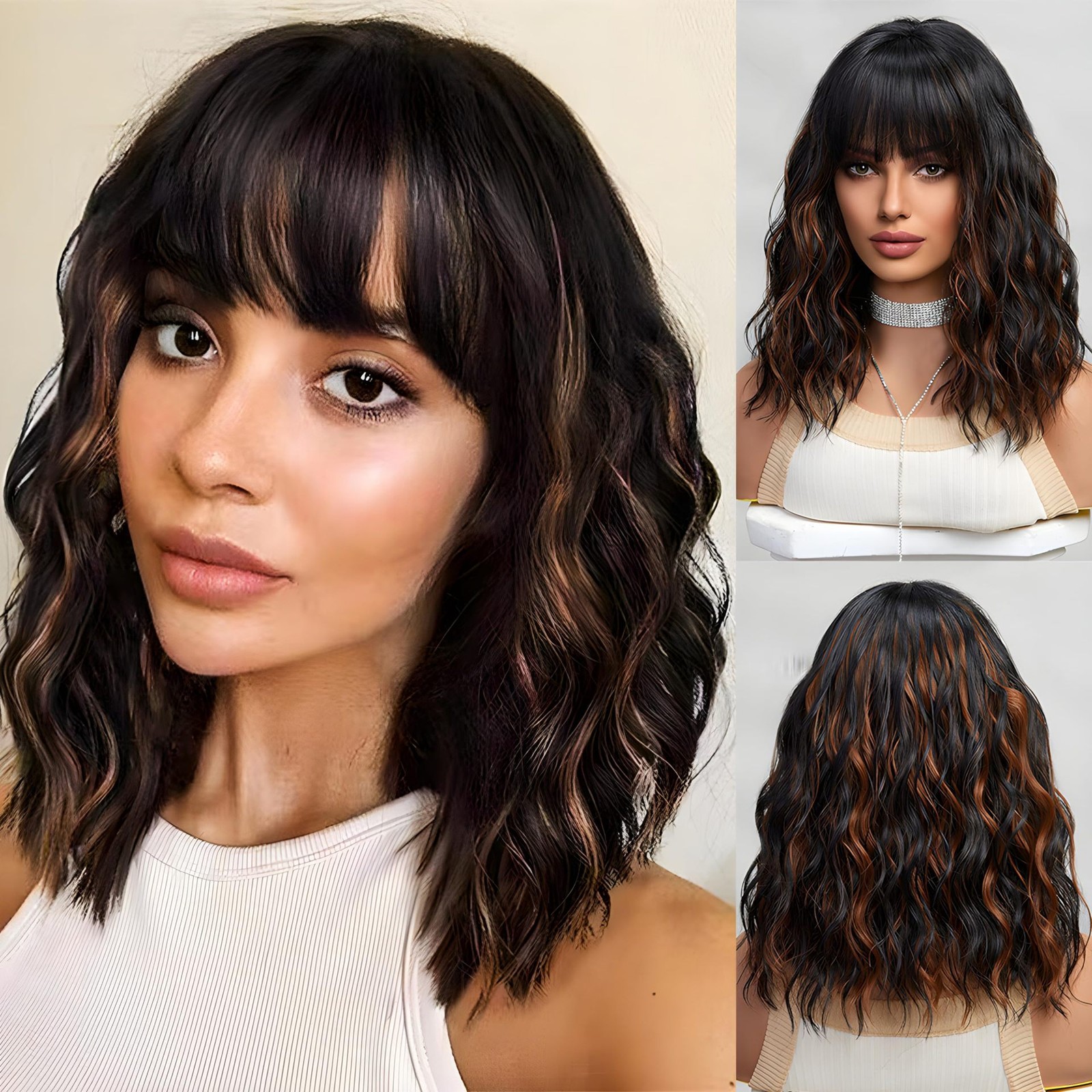 Highlight Short Water Wave Curly Wig Heat Resistant Synthetic Full Wig for