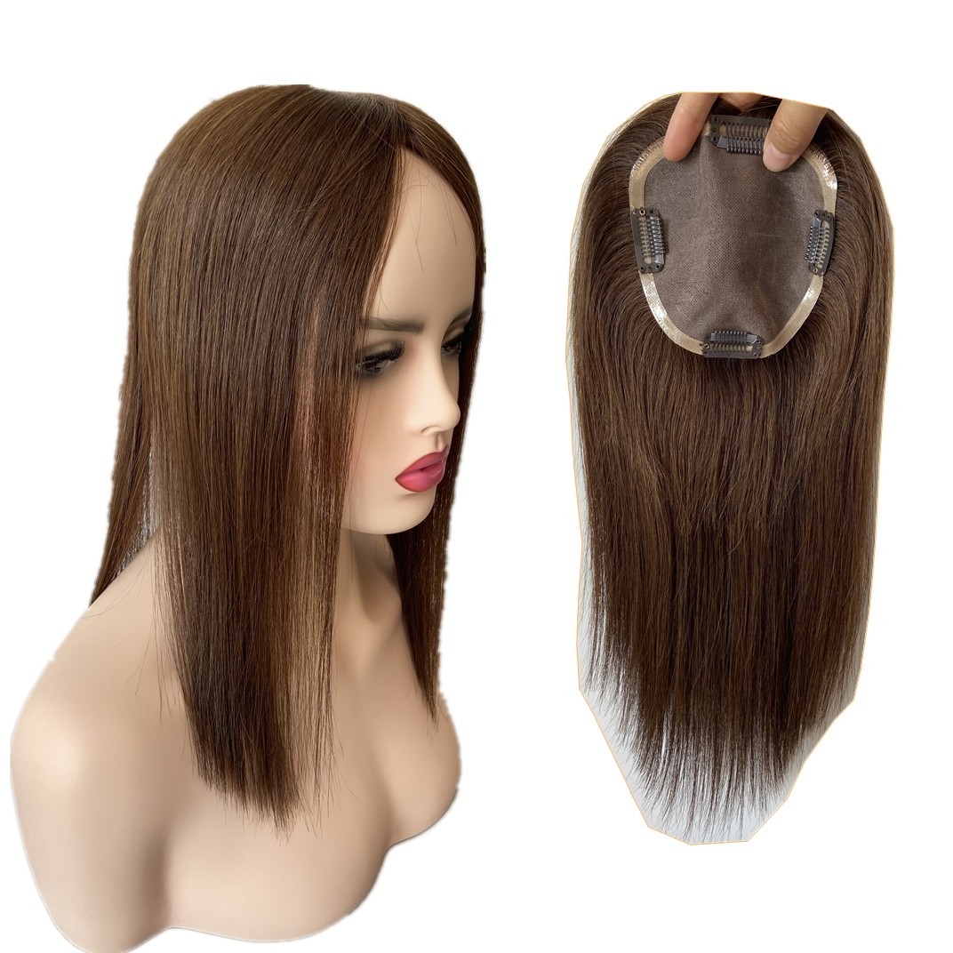 100% HUMAN BRAZILIAN HAIR DARK BROWN 5″x5″ MONO HAIRPIECE 14″ FREE PARTING